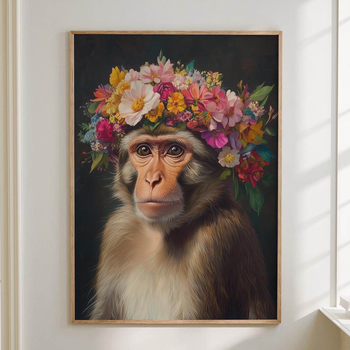 Monkey Portrait With Bright Wildflower Crown on Dark Art Poster
