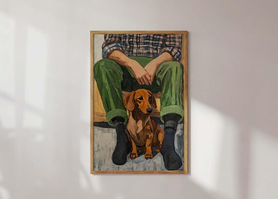 Dachshund Dog Art Print Rustic Man And Illustration Whimsical Wall Warm Earthy Home Decor Lover Gift Acrylic Portrait