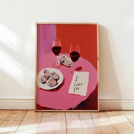 Oysters And Wine Wall Art Maximalist Food Illustration Print Colorful Dining Room Decor Preppy Artwork Love You Note Poster