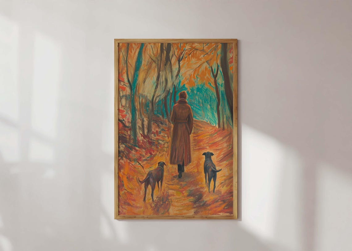 Walking Two Dogs Autumn Forest Impressionist Painting Poster