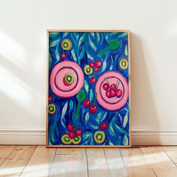 Trendy Colorful Kitchen Art Print Bold Still Life Painting Playful Fruit Illustration Cherry And Kiwi Wall Modern Home Decor Preppy