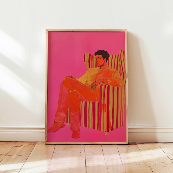 Modern Fashion Wall Art Stylish Man Portrait Print Bold Pink Home Decor Contemporary Maximalist Artwork Trendy Pop Poster