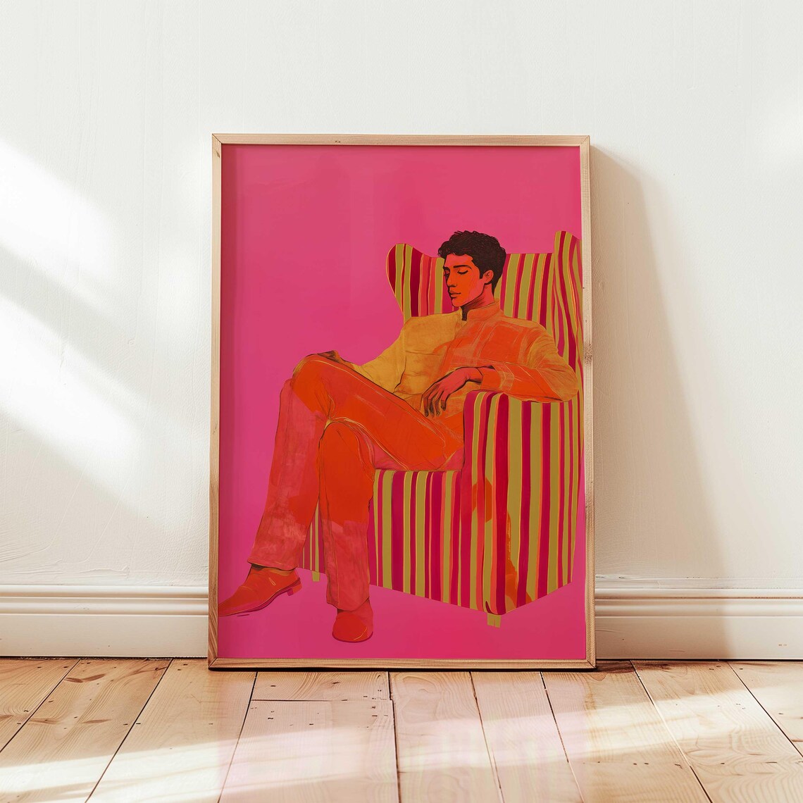 Stylish Man Lounging in Striped Armchair Hot Pink Pop Art Poster