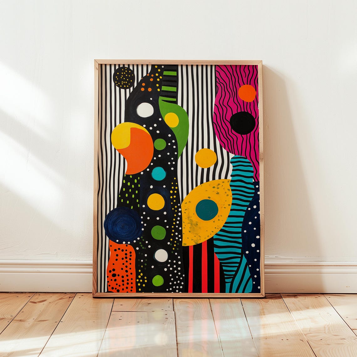 Bold Abstract Circles and Dots on Striped Background Art Print