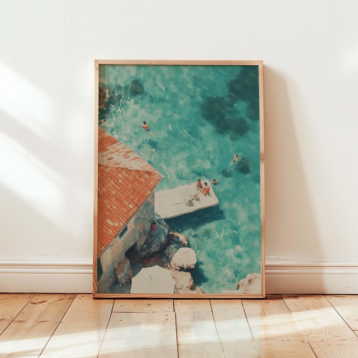 Aerial Mediterranean Coast Swimmers Turquoise Sea Summer Scene Poster