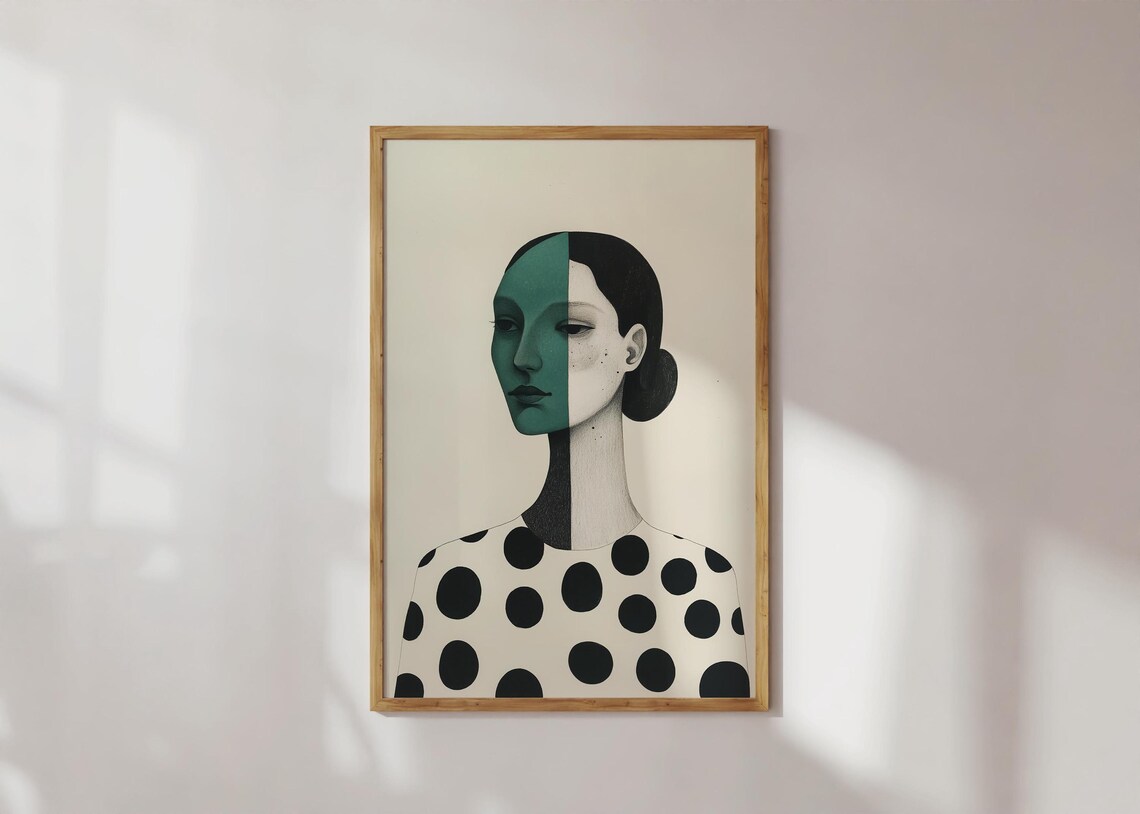 Minimalist Half Green Woman Portrait Polka Dot Fashion Poster