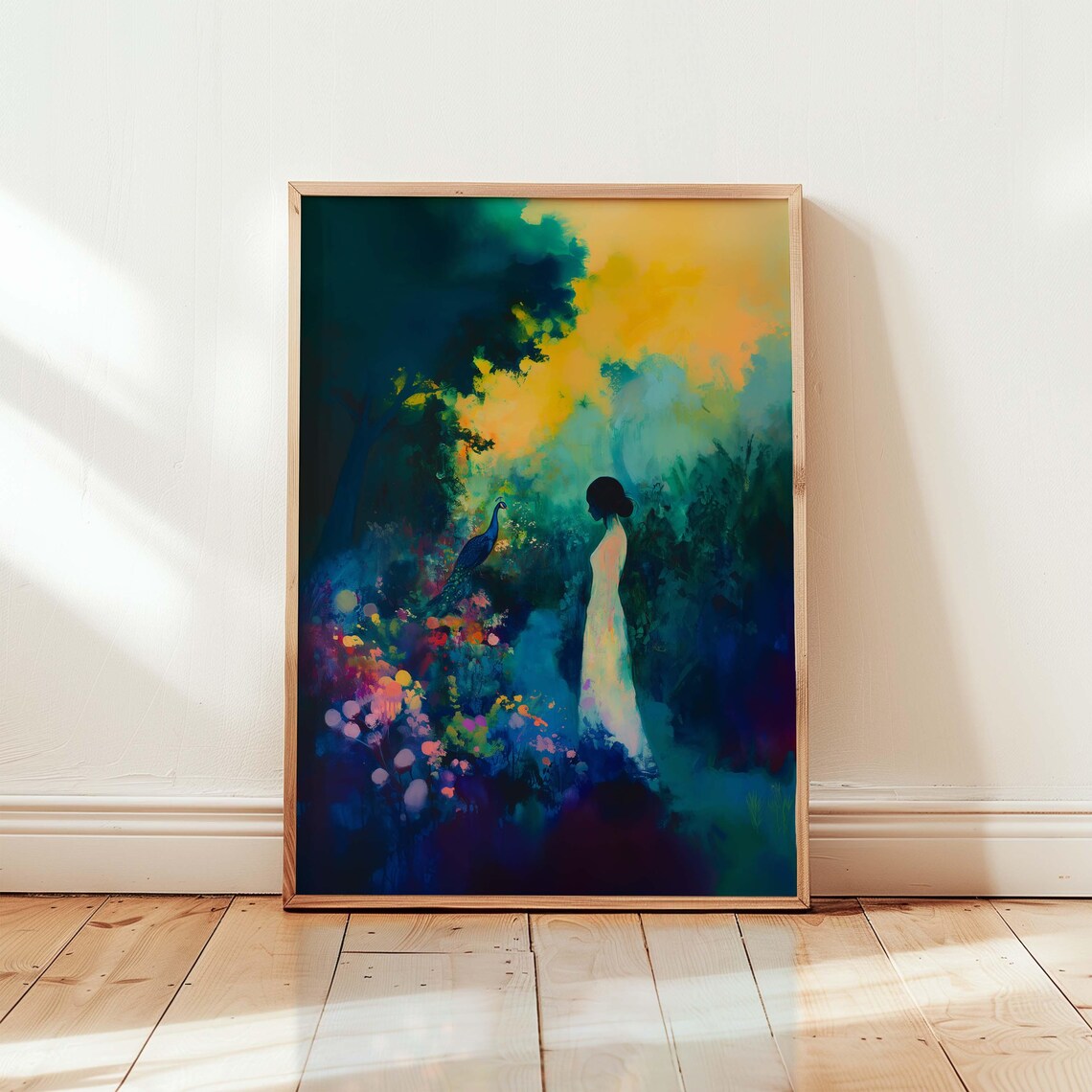 Peacock Garden Woman Nighttime Moody Floral Acrylic Painting Poster