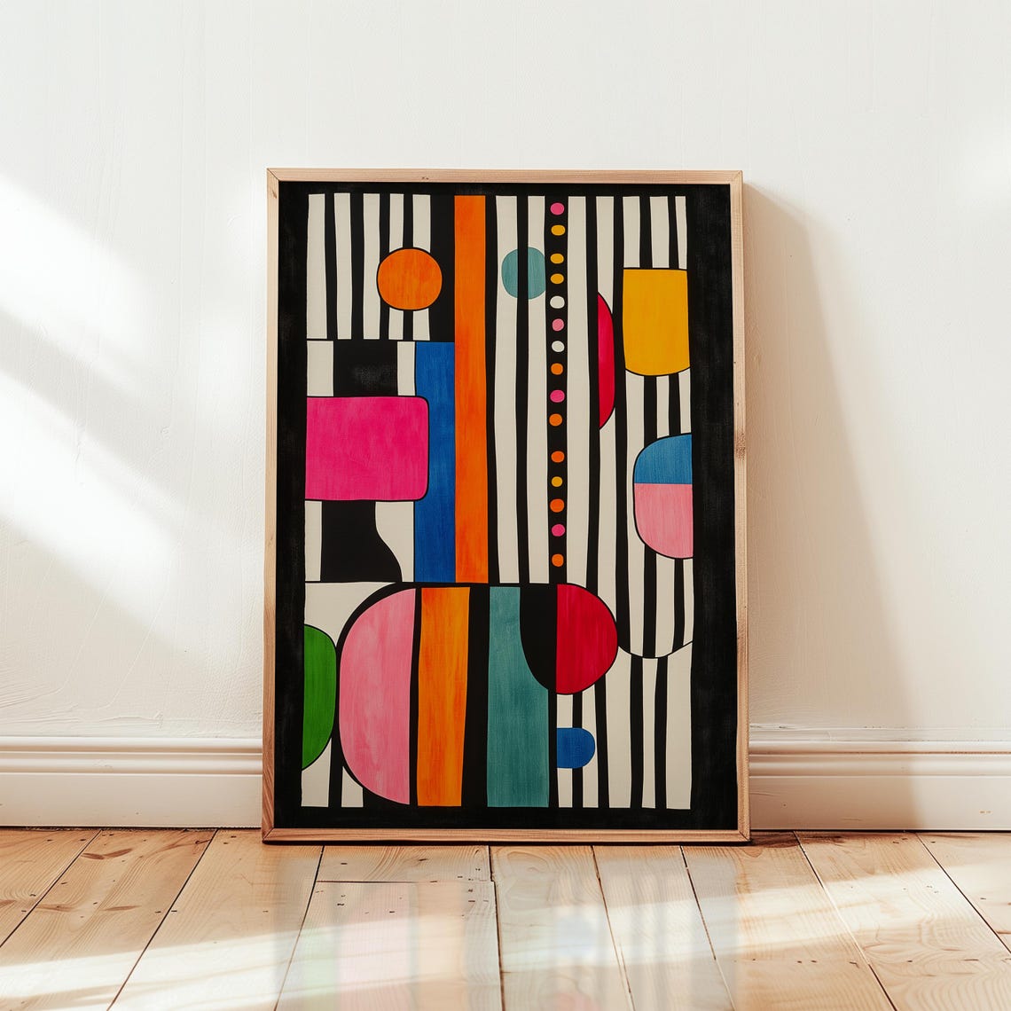 Retro Geometric Blocks Abstract on Striped Background Poster