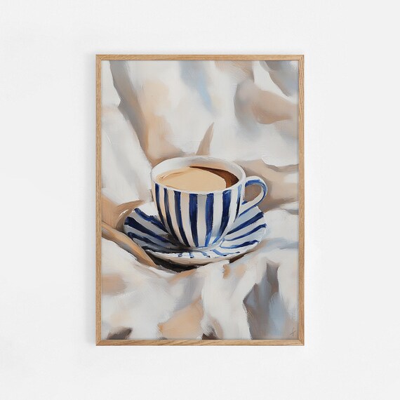 Morning Coffee In Blue Striped Cup Oil Painting Poster Cozy Kitchen Art