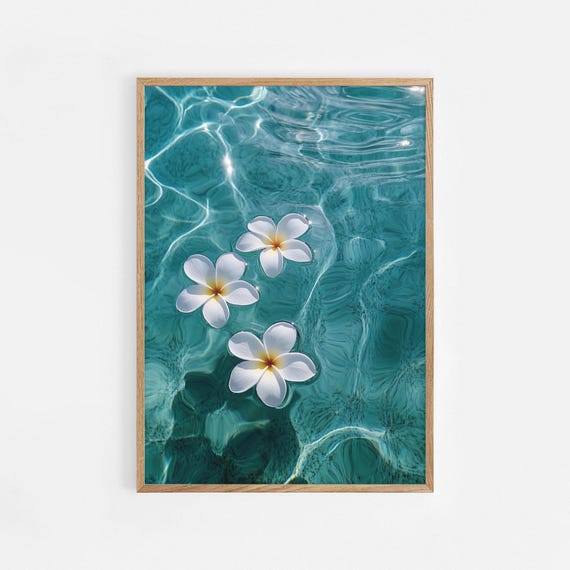 Floating Plumeria Flowers Print Tropical Water Wall Art Serene Coastal Bathroom Decor Turquoise Pool 1021