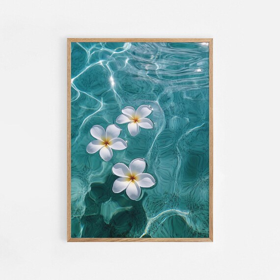 Floating Plumeria Flowers Tropical Water Poster Serene Pool Wall Decor