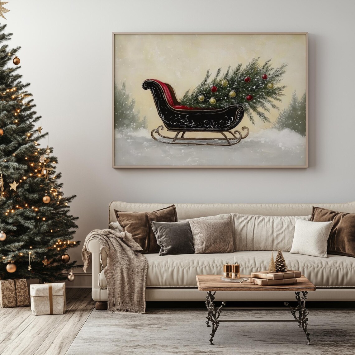 Vintage Christmas Sleigh Decorated Tree Snowy Holiday Poster - Image 4