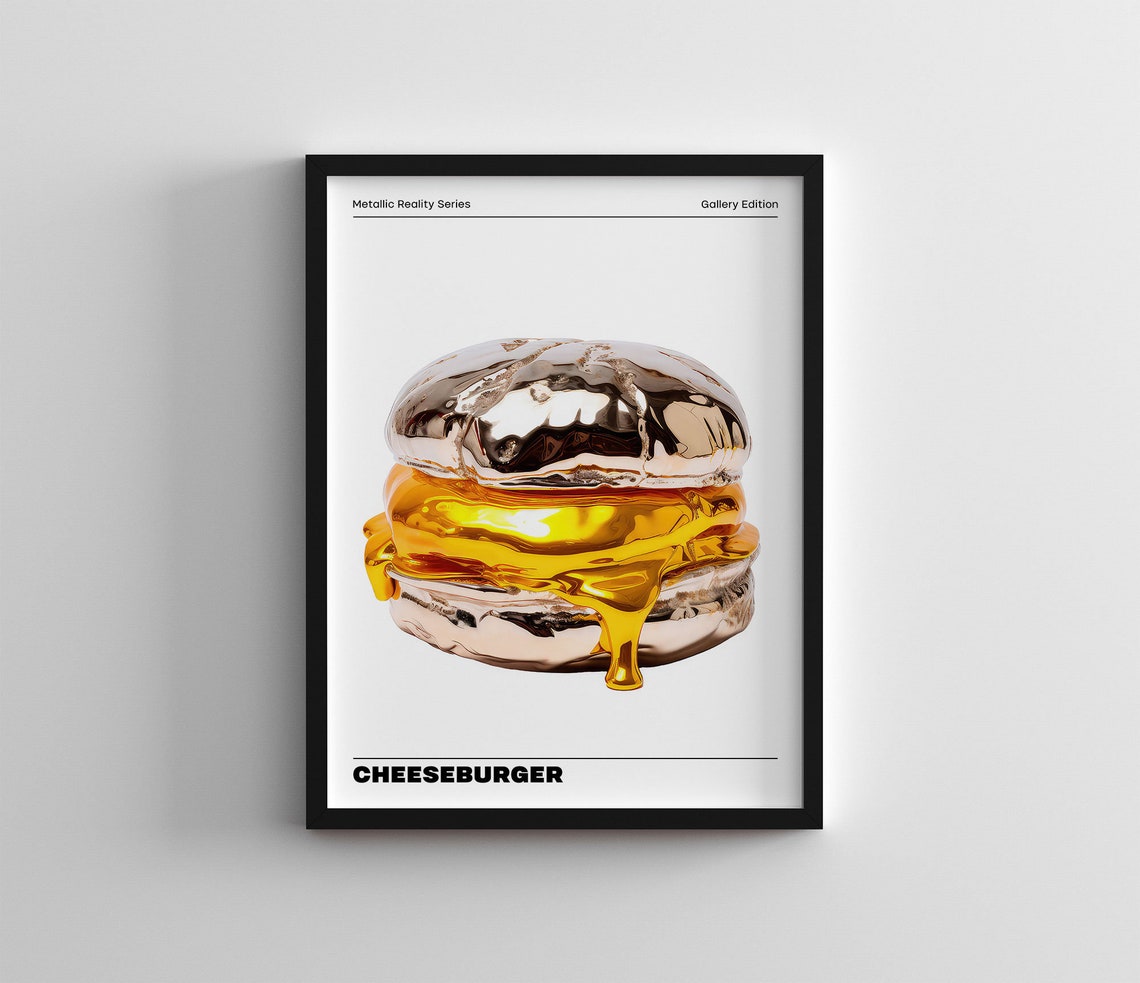 Chrome Cheeseburger Dripping Gold Cheese Metallic Reality Art Poster - Image 3