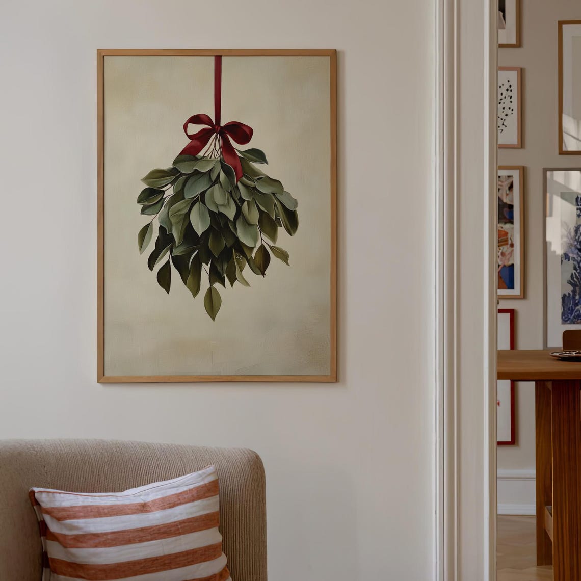 Vintage Mistletoe Red Bow Cream Background Holiday Art Poster - Image 3