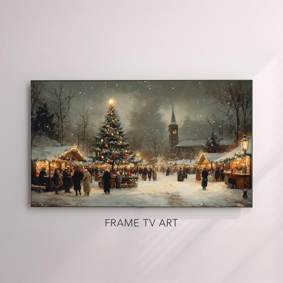 Snowy Christmas Market Night Scene Frame TV Art Digital Poster