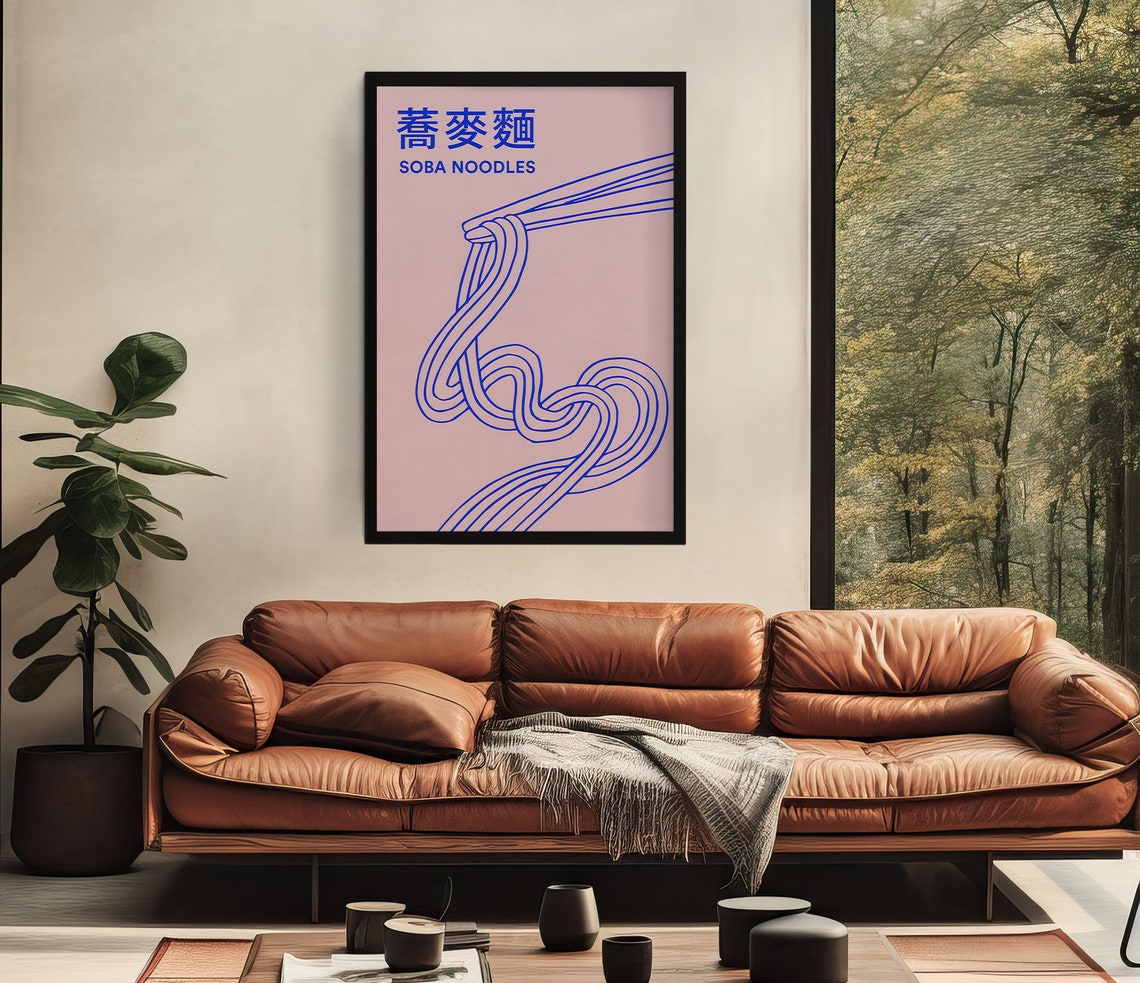 Soba Noodles Blue Line Art Pink Minimalist Japanese Kitchen Poster - Image 2