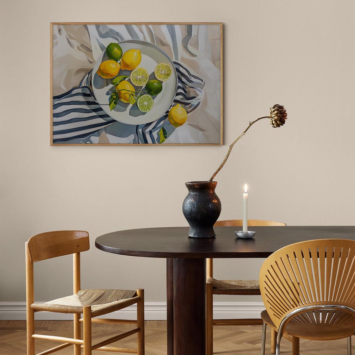 Fresh Lemons On Striped Cloth Sunny Citrus Kitchen Still Life Poster - Image 2
