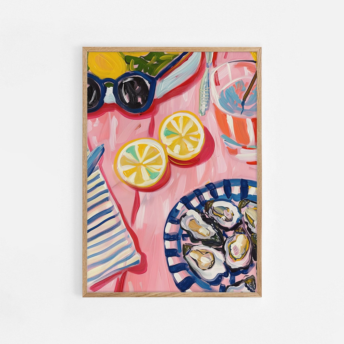 Pink Picnic Food Spread Lemons Sunglasses Oysters Art Poster