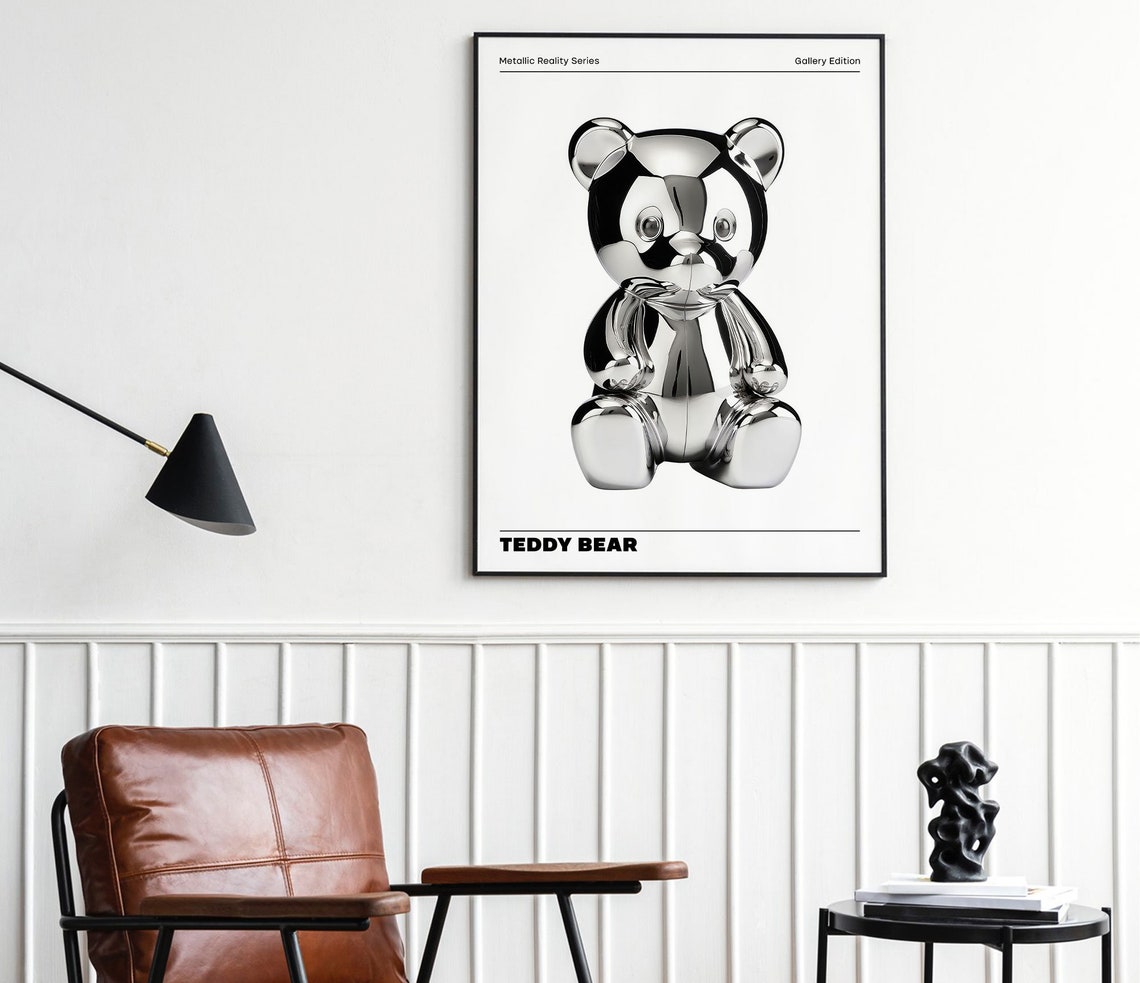 Metallic Teddy Bear Wall Decor Vibrant Chrome Holographic Poster Funky Home Decoration Playful Illustration Print Aesthetic Exhibition - Image 4
