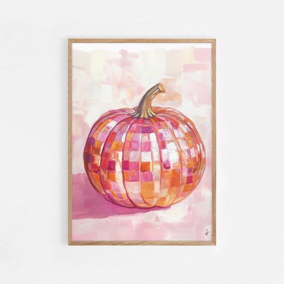 Disco Ball Pumpkin Pink Orange Glam Fall Halloween Art Poster
