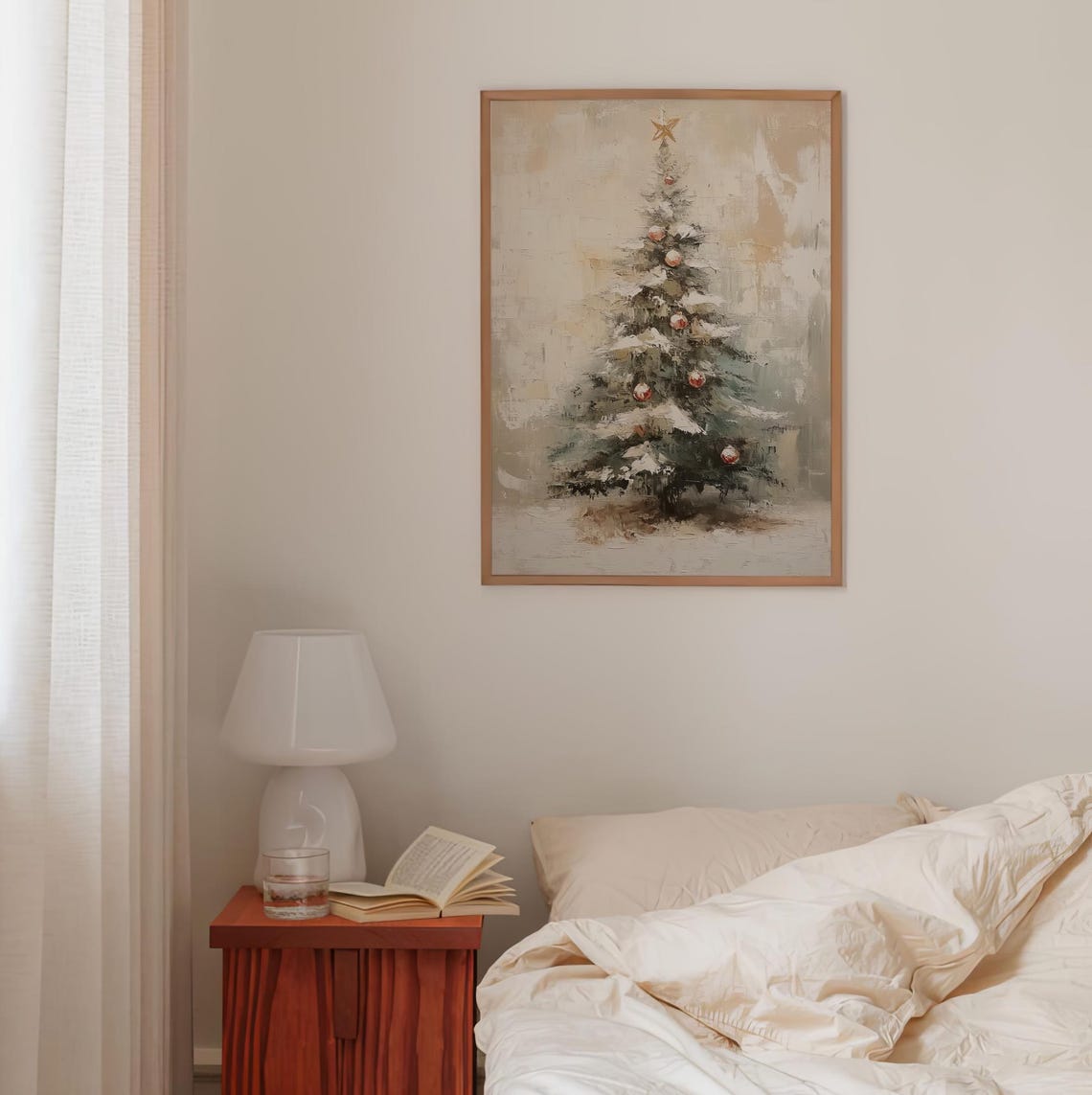 Neutral Snowy Christmas Tree Gold Star Topper Holiday Art Poster - Image 4