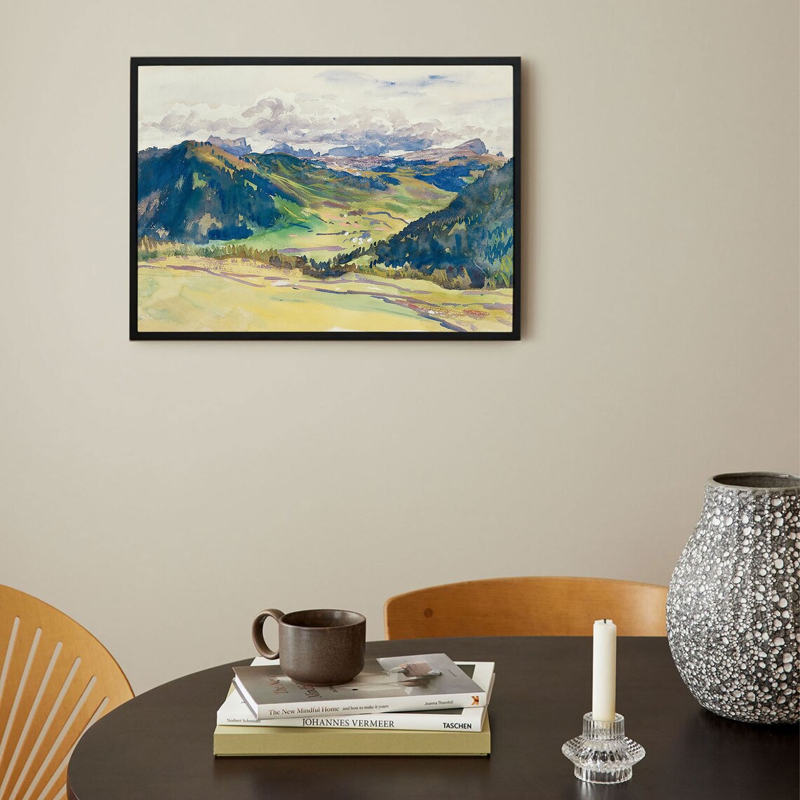 Green Alpine Valley Mountains Watercolor Landscape Painting Poster - Image 2