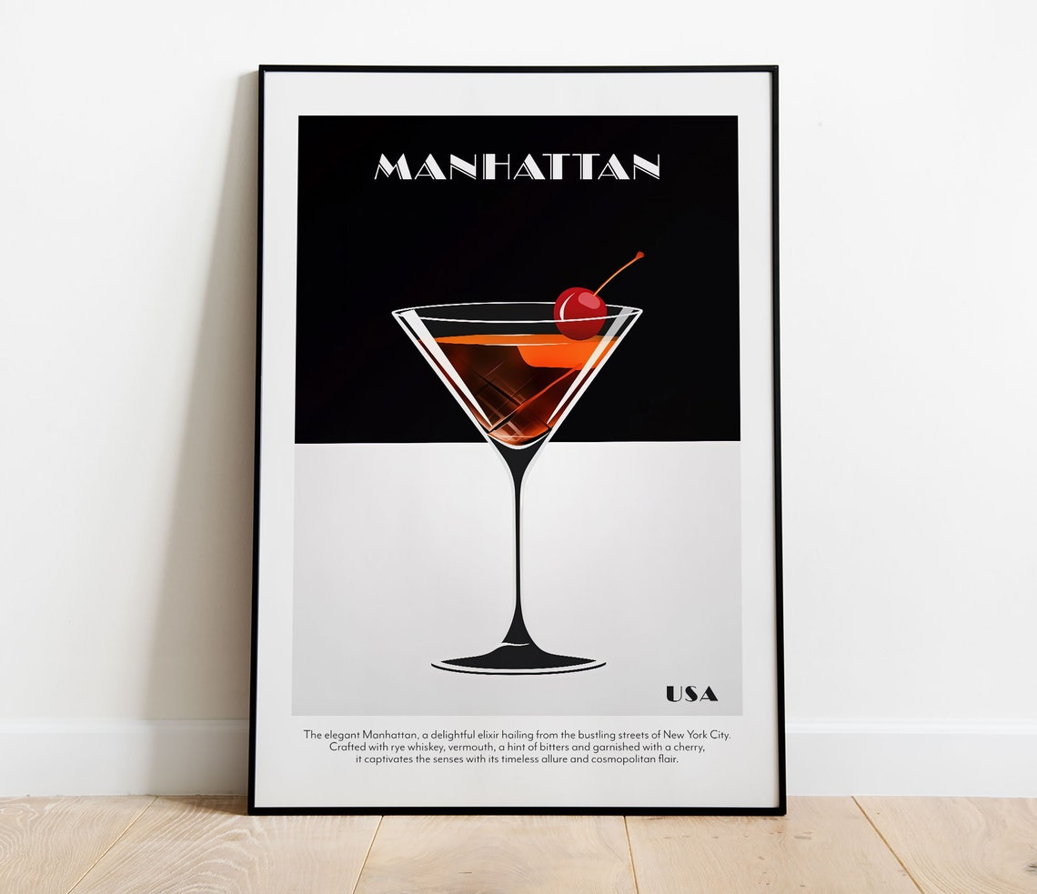 Manhattan Cocktail Print French Retro Illustration