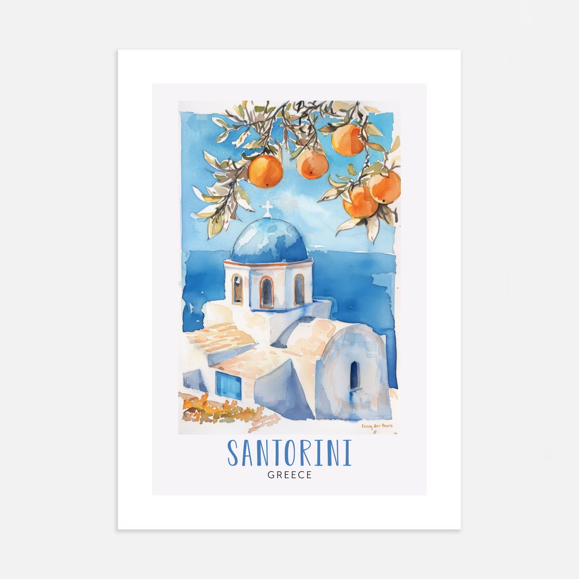 Santorini Greece Blue Dome Church Watercolor Travel Art Poster - Image 3