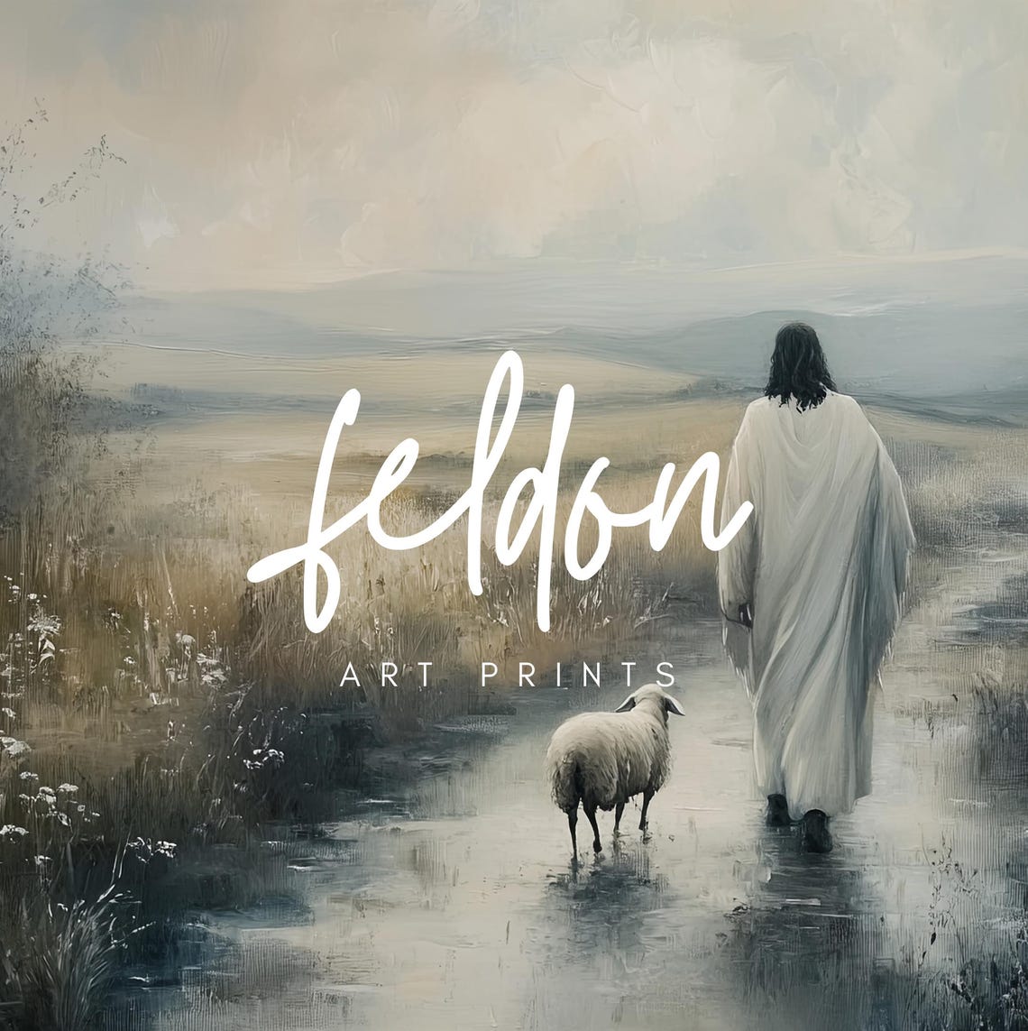 Jesus Good Shepherd with Lamb Misty Path Christian Art Poster - Image 2