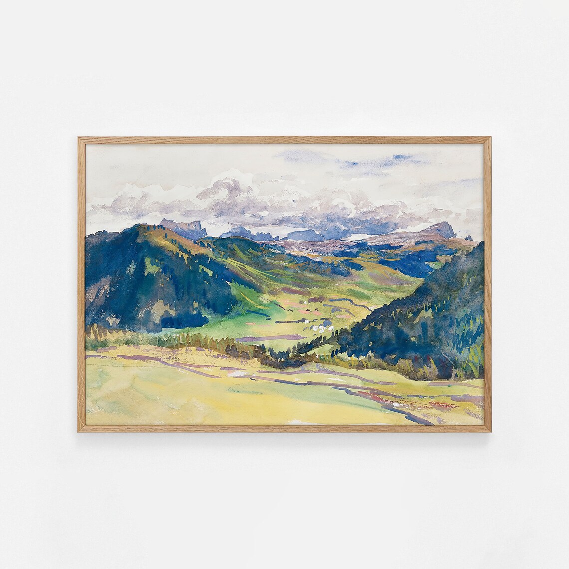 Green Alpine Valley Mountains Watercolor Landscape Painting Poster