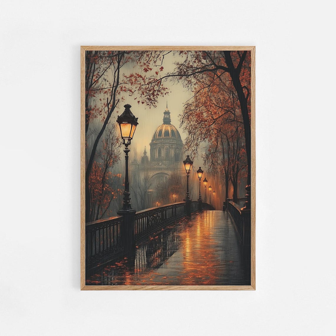 Rainy Autumn City Bridge Moody Evening Lamplight Painting Poster