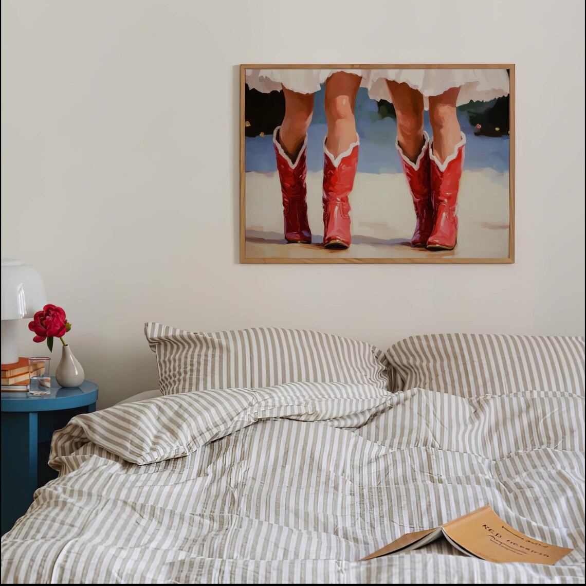 Sunny Red Cowgirl Boots Beach White Skirt Western Painting Poster - Image 4