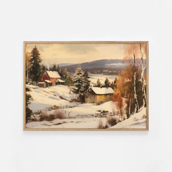 Snowy Red Barn Winter Countryside Vintage Landscape Wall Art