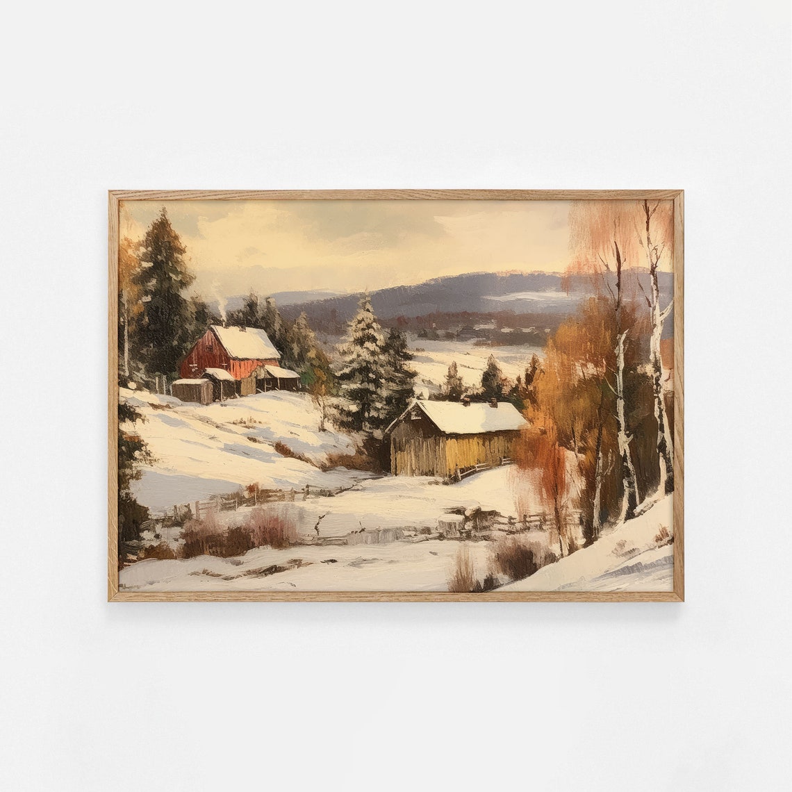 Snowy Red Barn Winter Countryside Vintage Landscape Wall Art