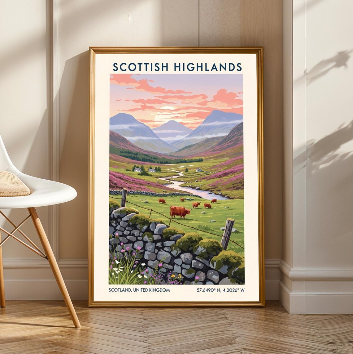 Scottish Highlands Sunset Highland Cow Stone Wall Travel Poster