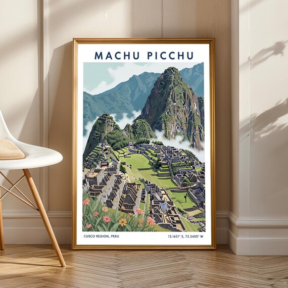 Machu Picchu Peru Ruins Misty Andes Vintage Travel Art Poster
