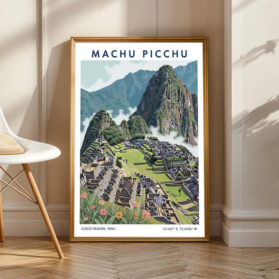 Machu Picchu Ruins Art Print Green And Gray Pink Blue Travel Poster Peruvian Landscape Living Room Office Decor