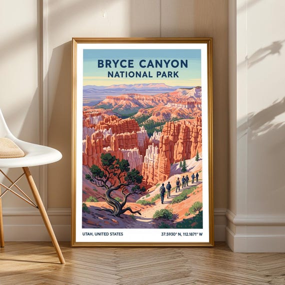 Bryce Canyon National Park Poster Orange And Green Blue Brown Landscape Illustration Travel Wall Art For Living Room Or Office