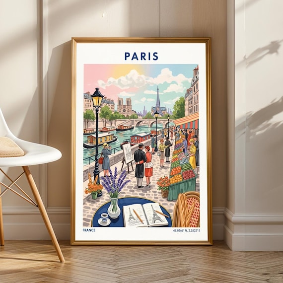 Paris Riverside Market Poster Vintage Travel Art Blue Green Orange Red And Yellow Illustration Living Room Or Office Decor