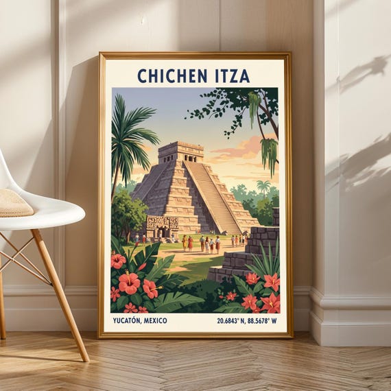 Chichen Itza Pyramid Poster Green And Orange Pink Beige Illustration Vintage Mexican Travel Art Living Room Wall