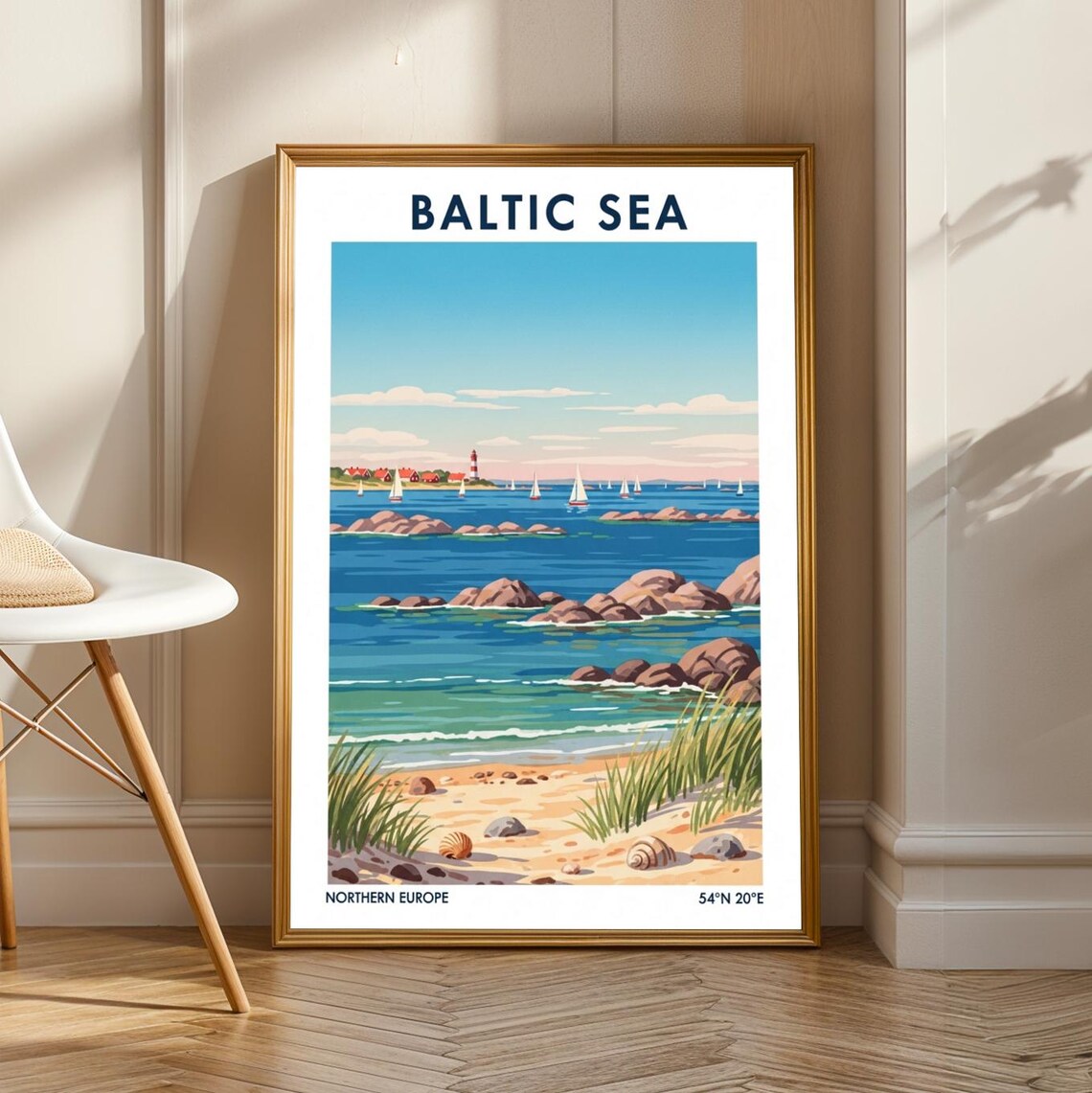 Baltic Sea Sailboats Poster Vintage Gouache Art Blue Green And Beige Decor Coastal For Travel Enthusiasts Living Room Office