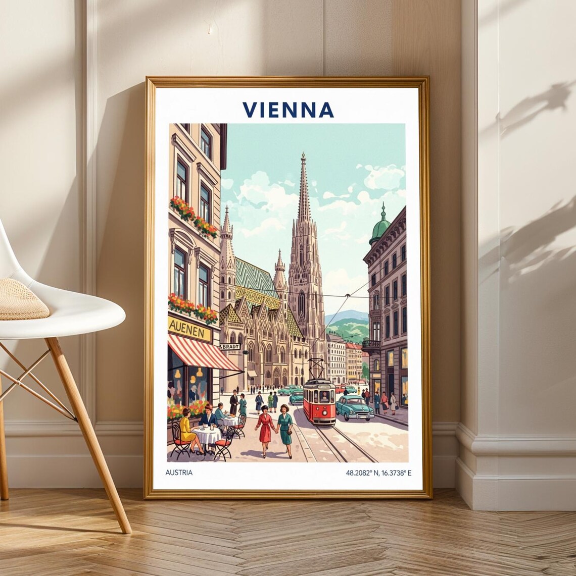 Vienna St Stephen's Cathedral Street Tram Vintage Travel Poster