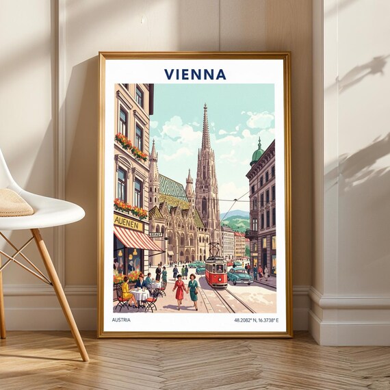 Vienna St Stephen's Cathedral Street Tram Vintage Travel Poster