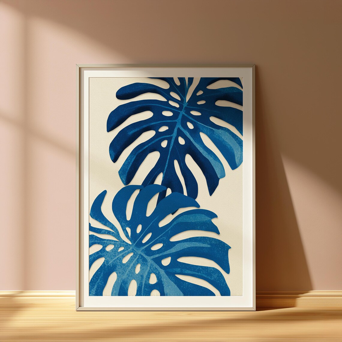 Blue Monstera Leaf Art Print Modern Botanical Decor