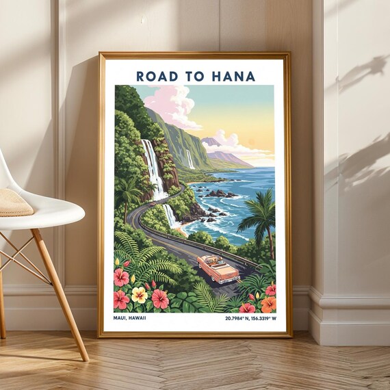 Road To Hana Maui Hawaii Retro Travel Poster Waterfalls Coastal Drive Artwork