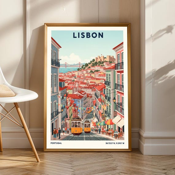 Lisbon Yellow Trams Vintage Travel Poster