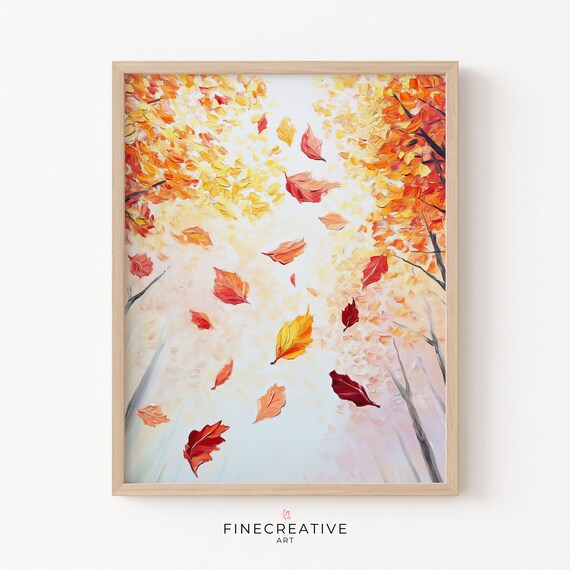 Falling Autumn Leaves Red Gold Bright Sky Impasto Painting Poster
