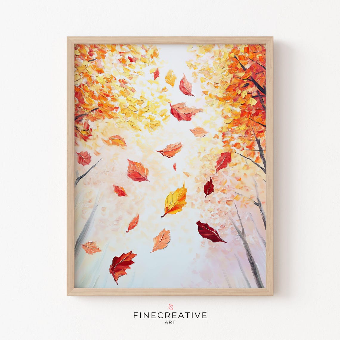 Falling Autumn Leaves Red Gold Bright Sky Impasto Painting Poster