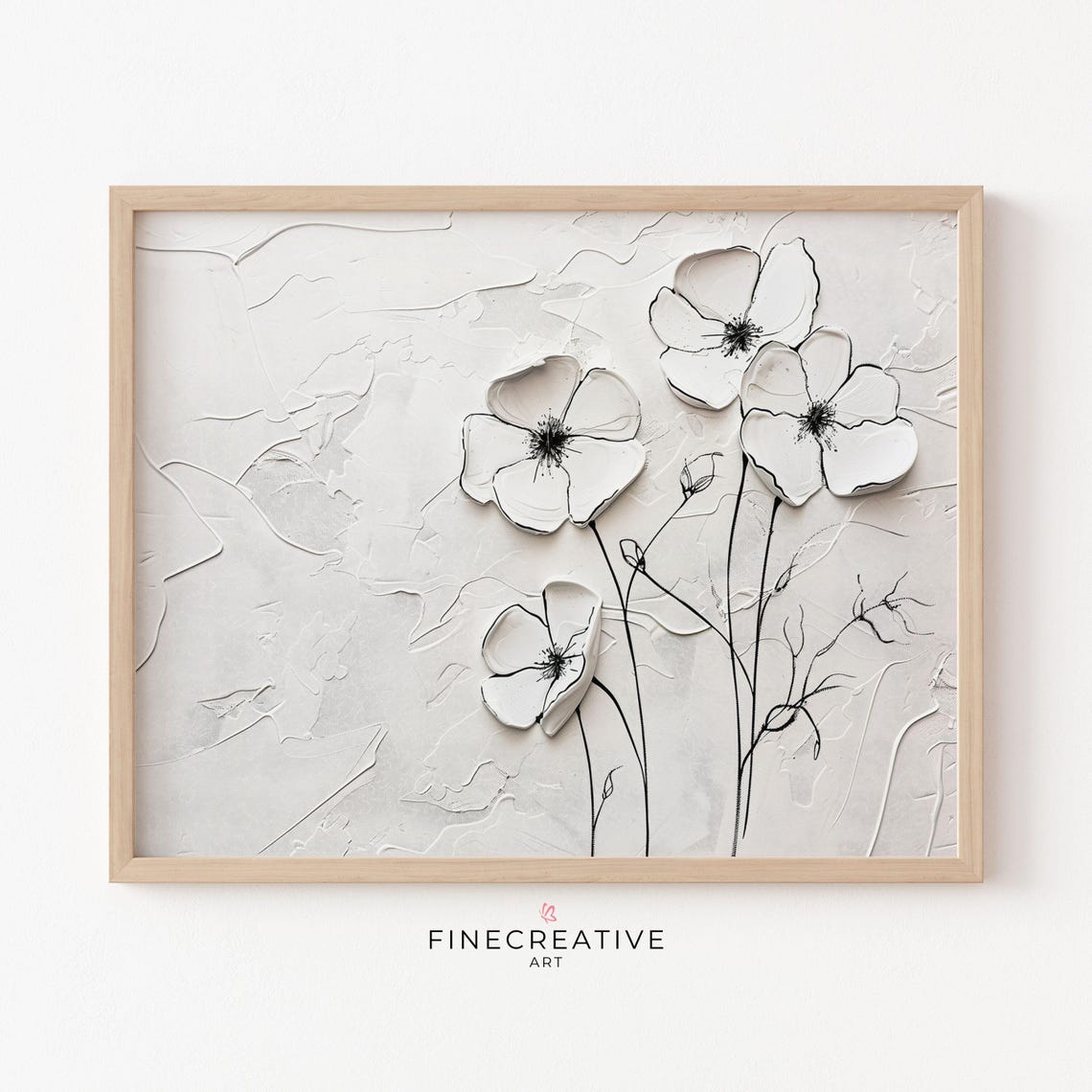 White Minimalist Floral Impasto Painting Monochrome Flower Wall Poster