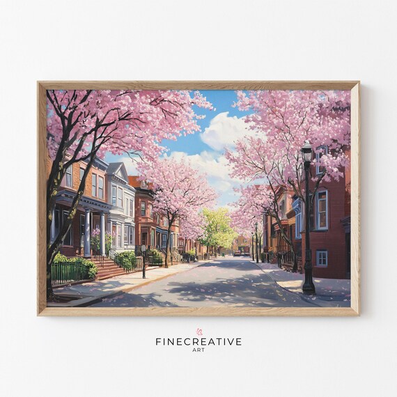 Cherry Blossom Street Brick Row Houses Spring City Painting Poster